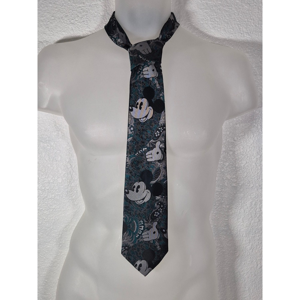 Cervantes Disney Mickey Mouse Tie Mens Teal Grey Paisley Silk Blend Made in USA